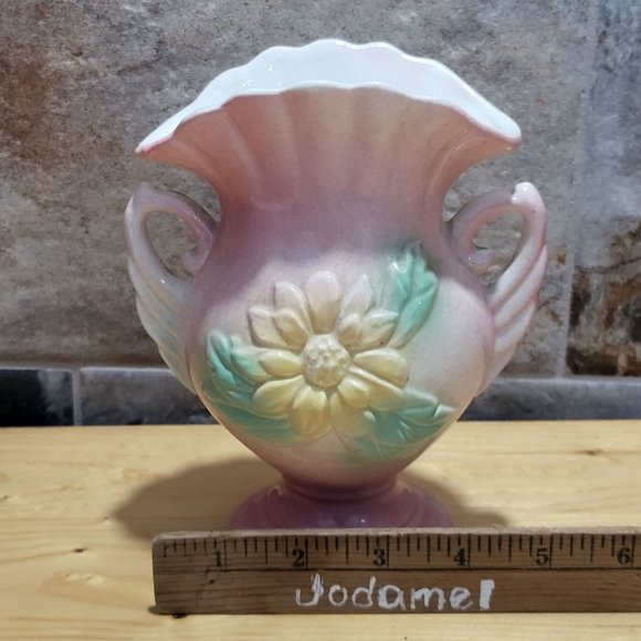 VTG USA Pottery Pink Green Yellow Flower Vase Pleated Fan Top Double Handles - Picture 8 of 14
